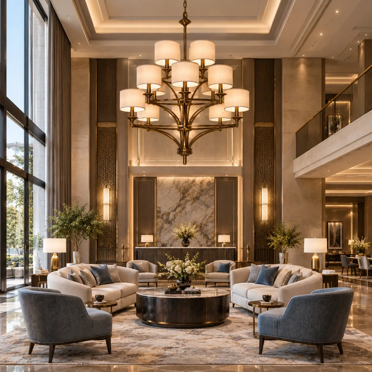 2-Tier-9-Light-Pendant-in-Hand-Rubbed-Antique-Bronze-Finish-with-Fabric-Drum-Shades-Transitional-Commercial-Hotel-Reception-Lounges 2-Tier-9-Light-Pendant-in-Hand-Rubbed-Antique-Bronze-Finish-with-Fabric-Drum-Shades-Transitional-Commercial-Hotel-Reception-Lounges