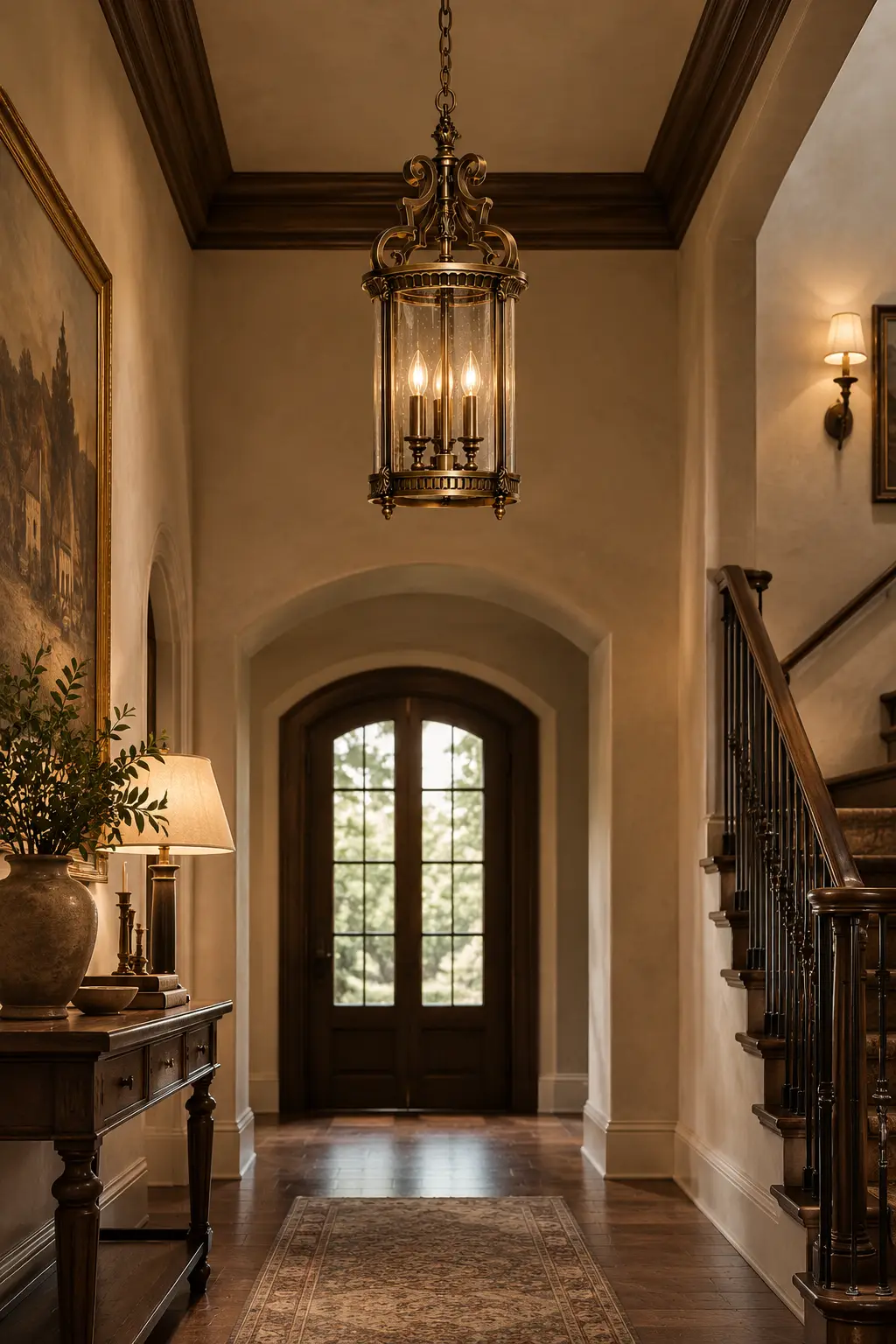 3-Light Cylindrical Lantern Pendant in Rustic Foyer