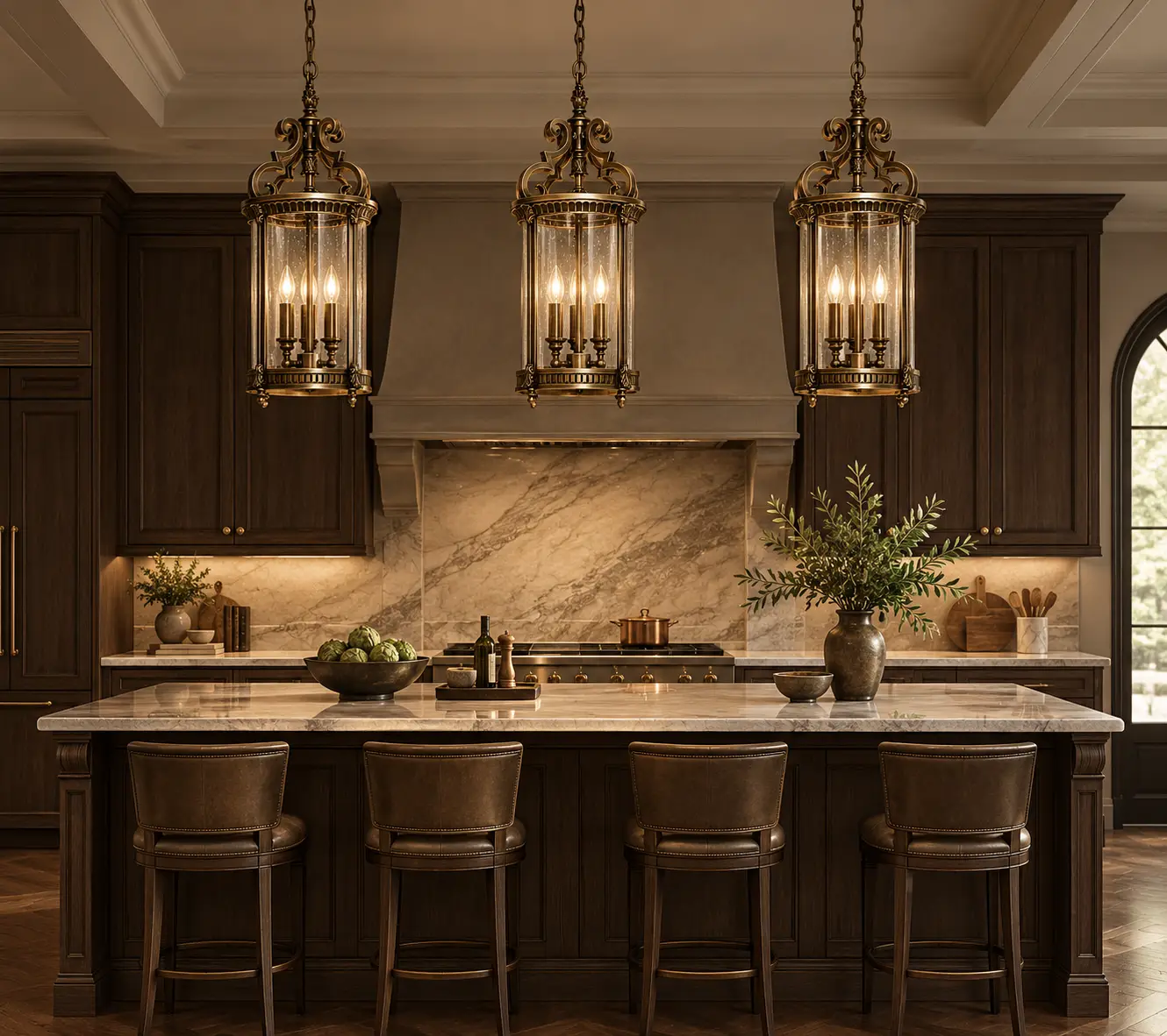 3-Light Cylindrical Lantern Pendant Pair over Kitchen Island