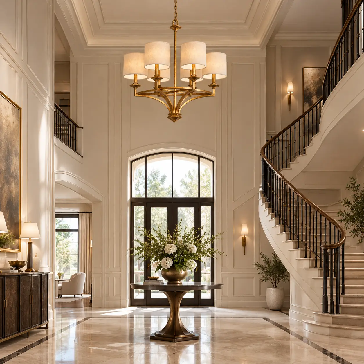 6-Light-Transitional-Pendant-in-Hand-Applied-Antique-Gold-Leaf-Finish-Modern-Luxury-Double-Height-Foyers 6-Light-Transitional-Pendant-in-Hand-Applied-Antique-Gold-Leaf-Finish-Modern-Luxury-Double-Height-Foyers