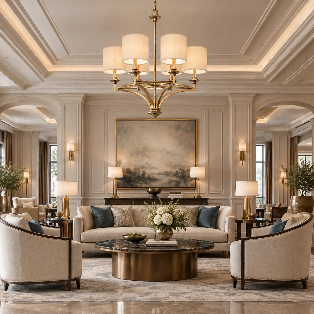 6-Light-Transitional-Pendant-in-Hand-Applied-Antique-Gold-Leaf-Finish-Neoclassical-Boutique-Hotel-Lounges 6-Light-Transitional-Pendant-in-Hand-Applied-Antique-Gold-Leaf-Finish-Neoclassical-Boutique-Hotel-Lounges