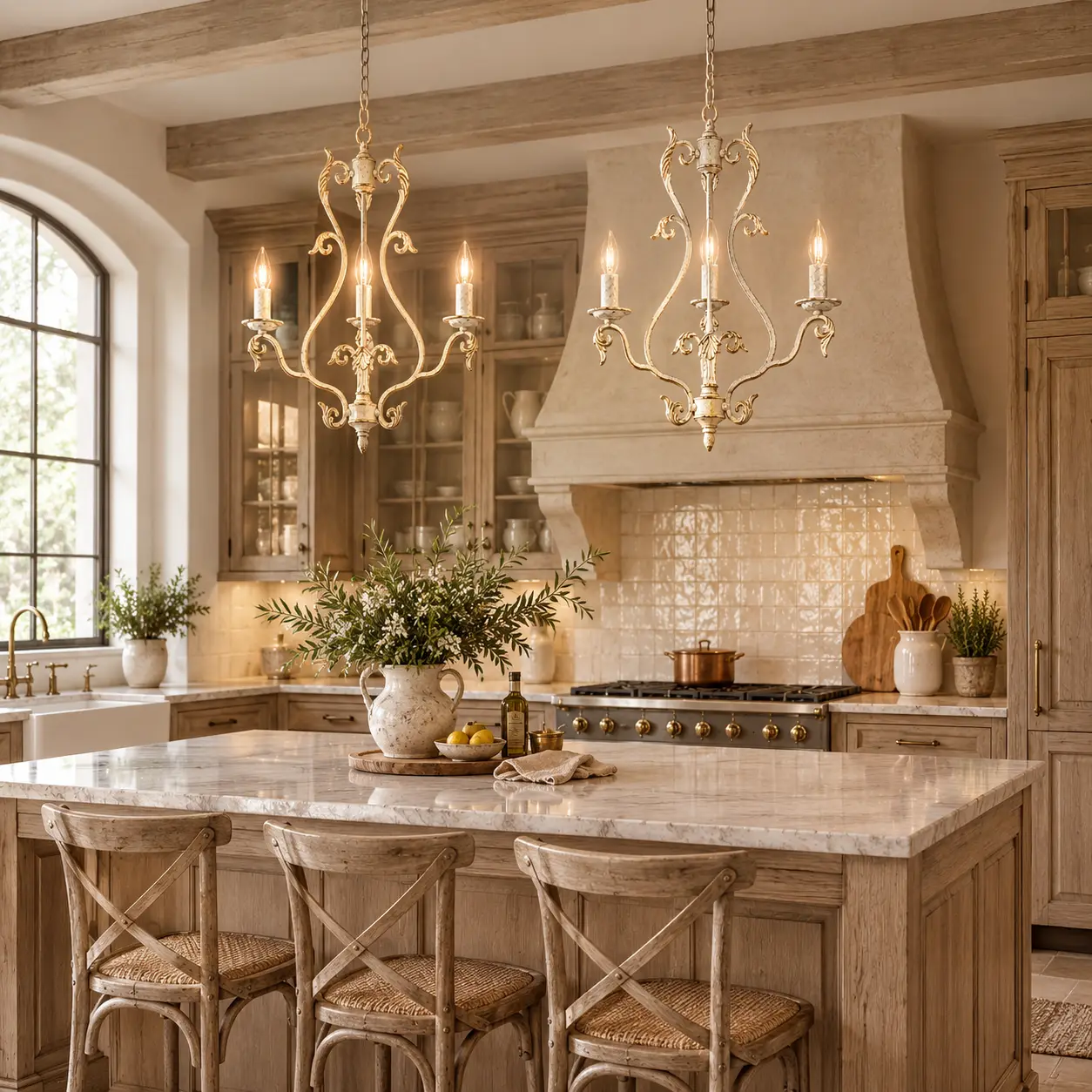 Adele 3-Light Arch Lantern Pendant in Distressed Antique White over Kitchen Island