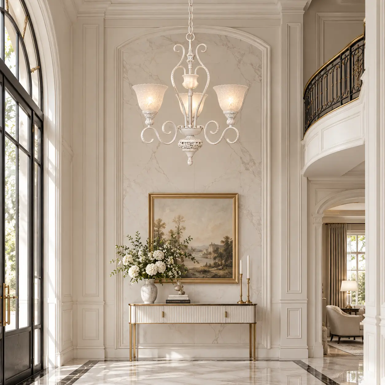 Antique-White-3-Light-Pendant-Chandelier-with-Frosted-Glass-Shades-Neoclassical-Modern-Chic Antique-White-3-Light-Pendant-Chandelier-with-Frosted-Glass-Shades-Neoclassical-Modern-Chic