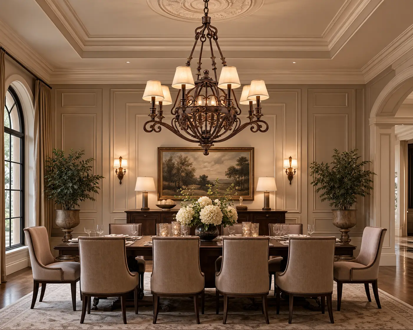 Artisan Grandeur Wrought Iron 12-Light Chandelier over Estate Banquet Table