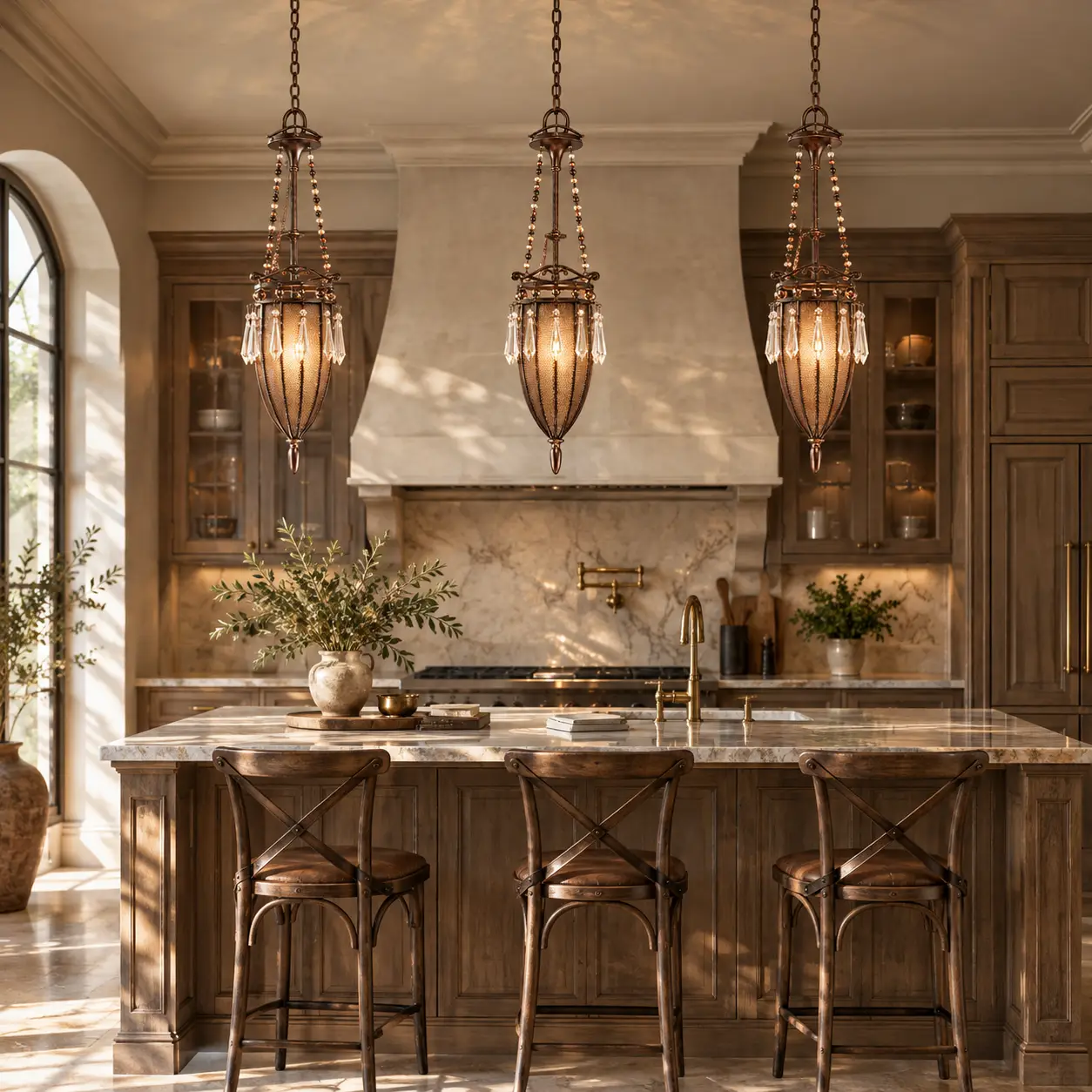 Artisanal Antique Copper Crystal Chandelier in French Country Kitchen Island