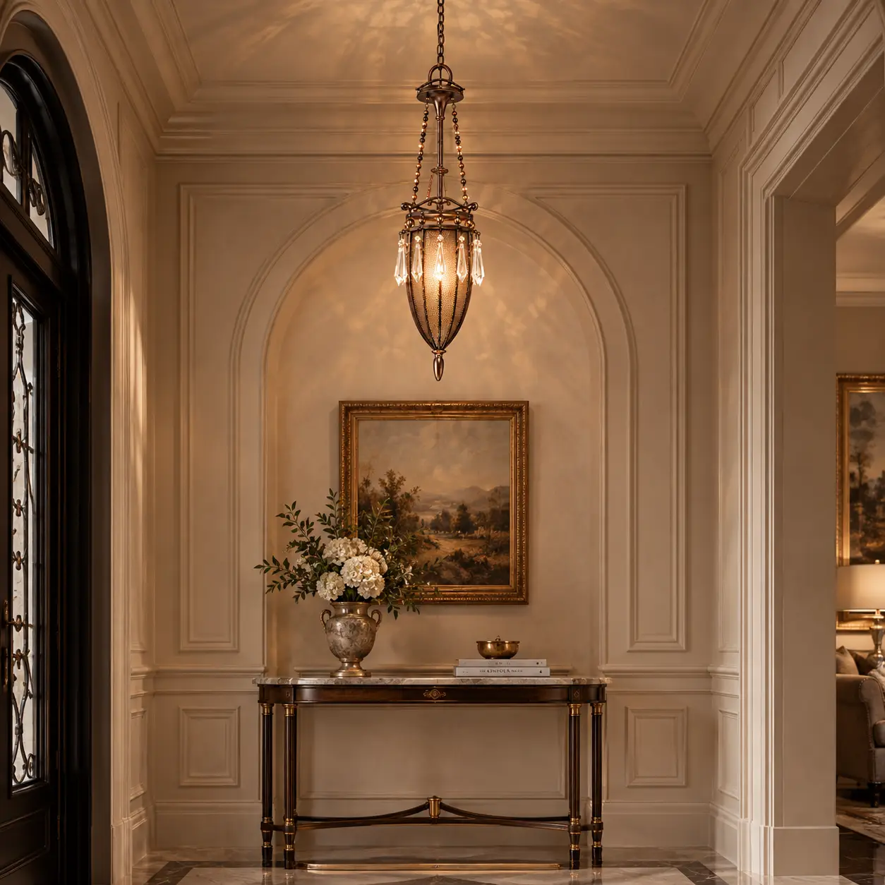 Antique Copper Crystal Pendant in Neoclassical Foyer Interior