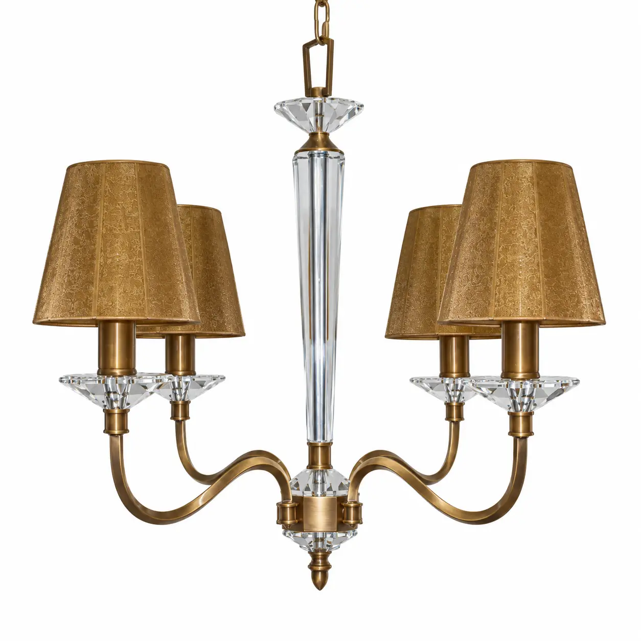 Brushed-Antique-Brass-and-Crystal-4-Light-Chandelier-with-Gold-Fabric-Shades-1 Brushed-Antique-Brass-and-Crystal-4-Light-Chandelier-with-Gold-Fabric-Shades-1