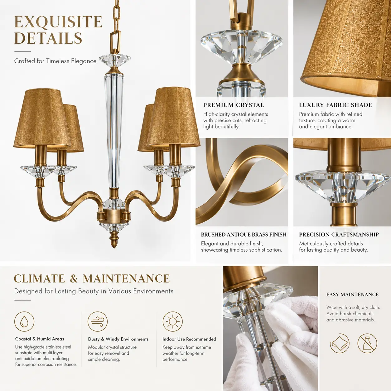 Brushed-Antique-Brass-and-Crystal-4-Light-Chandelier-with-Gold-Fabric-Shades-2 Brushed-Antique-Brass-and-Crystal-4-Light-Chandelier-with-Gold-Fabric-Shades-2