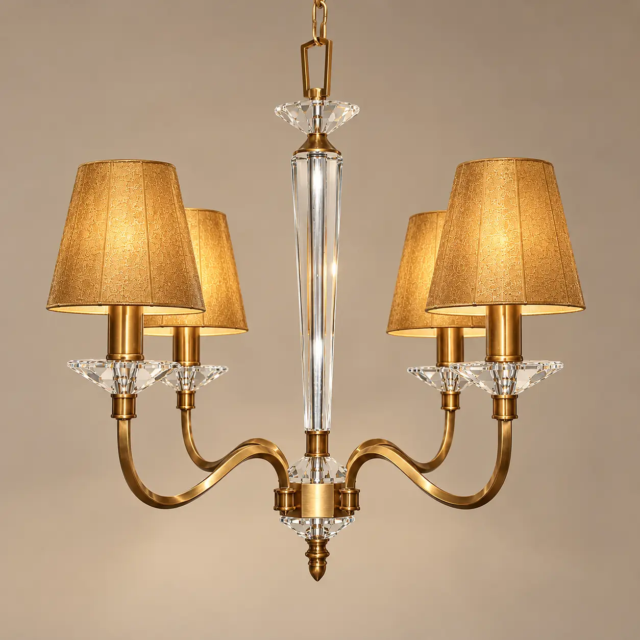 Brushed-Antique-Brass-and-Crystal-4-Light-Chandelier-with-Gold-Fabric-Shades-3 Brushed-Antique-Brass-and-Crystal-4-Light-Chandelier-with-Gold-Fabric-Shades-3
