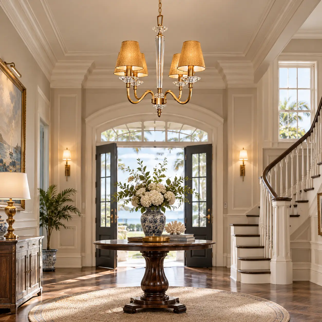 Brushed-Antique-Brass-and-Crystal-4-Light-Chandelier-with-Gold-Fabric-Shades-American-Classic-High-End-Estates Brushed-Antique-Brass-and-Crystal-4-Light-Chandelier-with-Gold-Fabric-Shades-American-Classic-High-End-Estates
