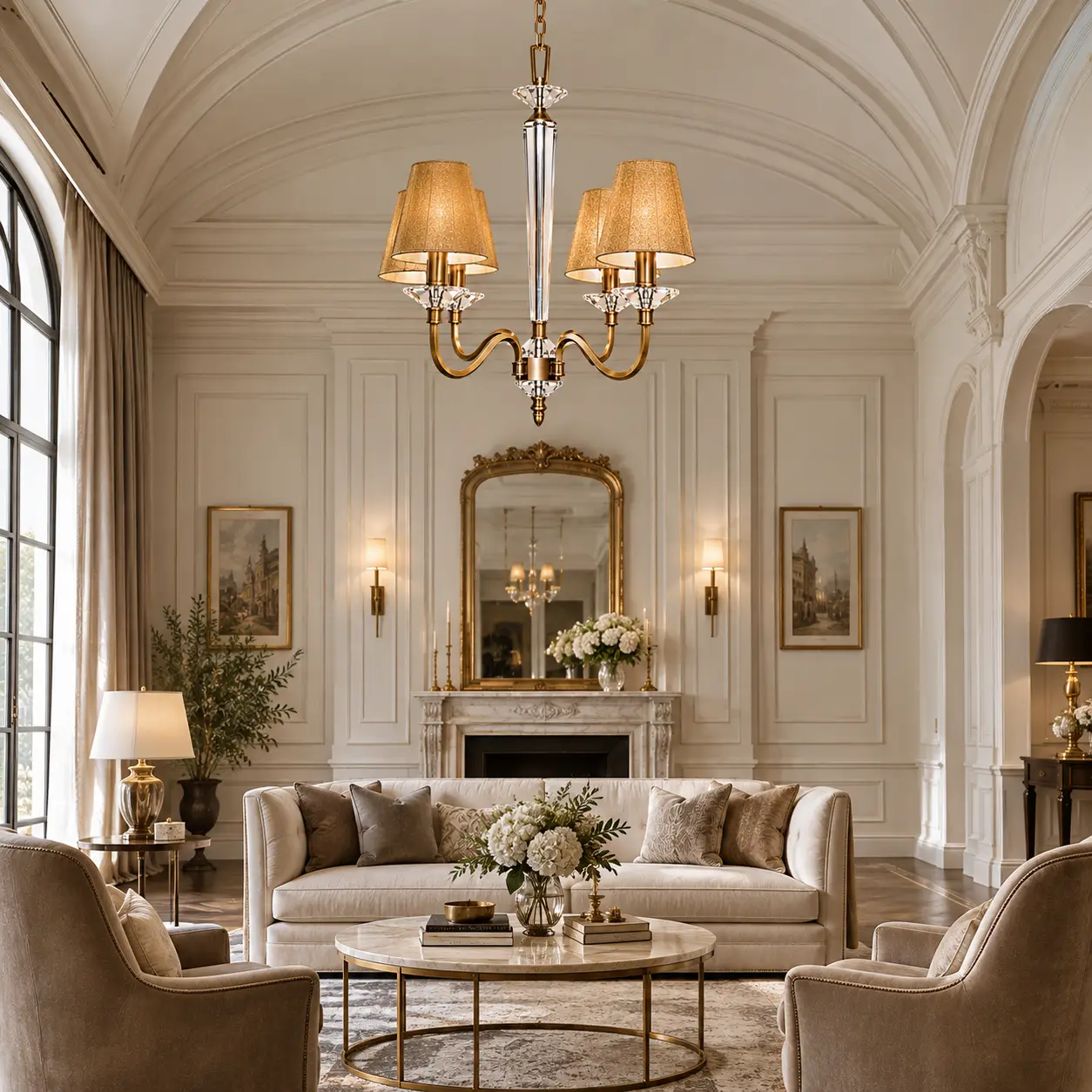 Brushed-Antique-Brass-and-Crystal-4-Light-Chandelier-with-Gold-Fabric-Shades-French-Transitional-Boutique-Lobbies Brushed-Antique-Brass-and-Crystal-4-Light-Chandelier-with-Gold-Fabric-Shades-French-Transitional-Boutique-Lobbies