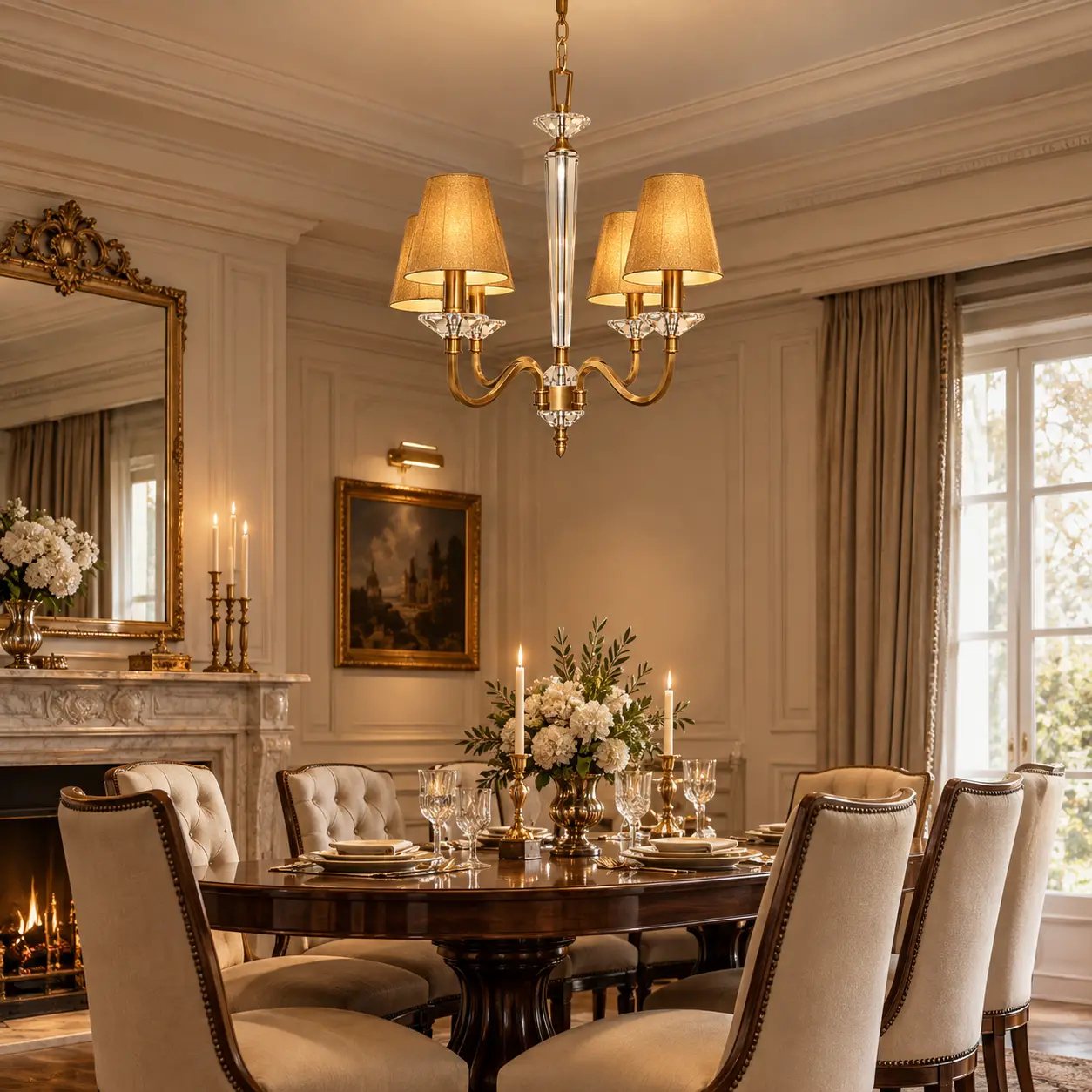 Brushed-Antique-Brass-and-Crystal-4-Light-Chandelier-with-Gold-Fabric-Shades-Neoclassical-Formal-Dining Brushed-Antique-Brass-and-Crystal-4-Light-Chandelier-with-Gold-Fabric-Shades-Neoclassical-Formal-Dining