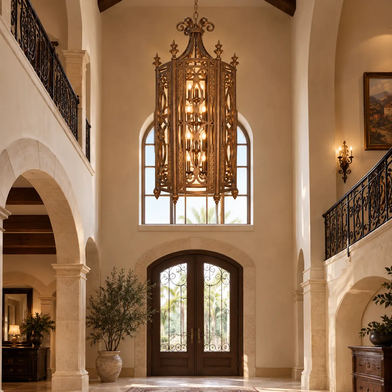 Castella 9-Light Grand Pendant Lantern in Antique Iron Bronze in Double-Height Foyer