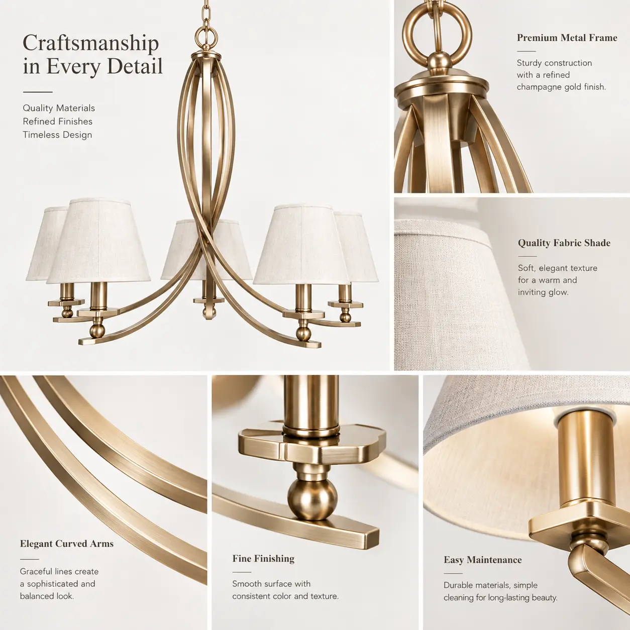 Champagne-Gold-Curved-Arm-Handcrafted-5-Light-Pendant-with-Fabric-Shades-2 Champagne-Gold-Curved-Arm-Handcrafted-5-Light-Pendant-with-Fabric-Shades-2