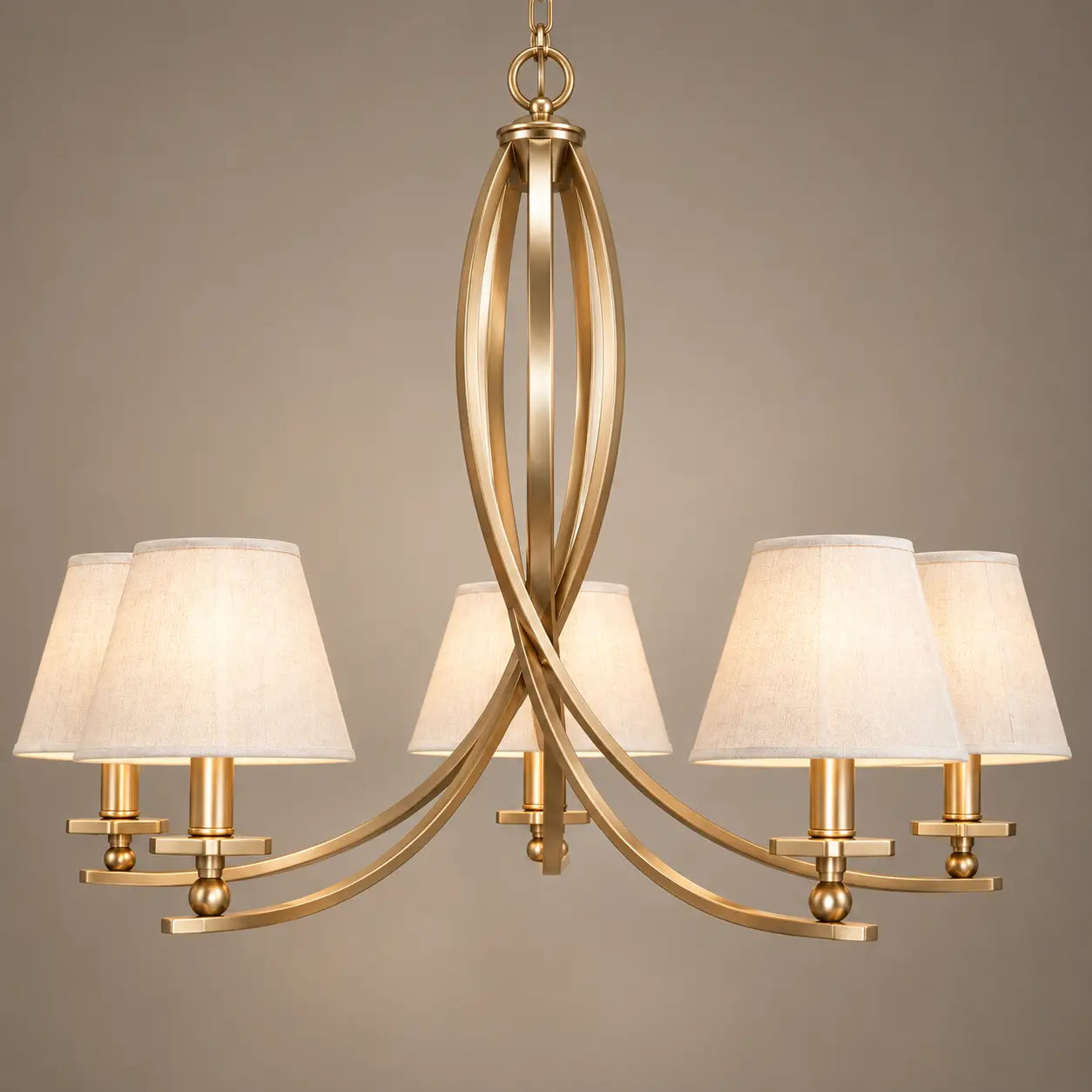 Champagne-Gold-Curved-Arm-Handcrafted-5-Light-Pendant-with-Fabric-Shades-3 Champagne-Gold-Curved-Arm-Handcrafted-5-Light-Pendant-with-Fabric-Shades-3