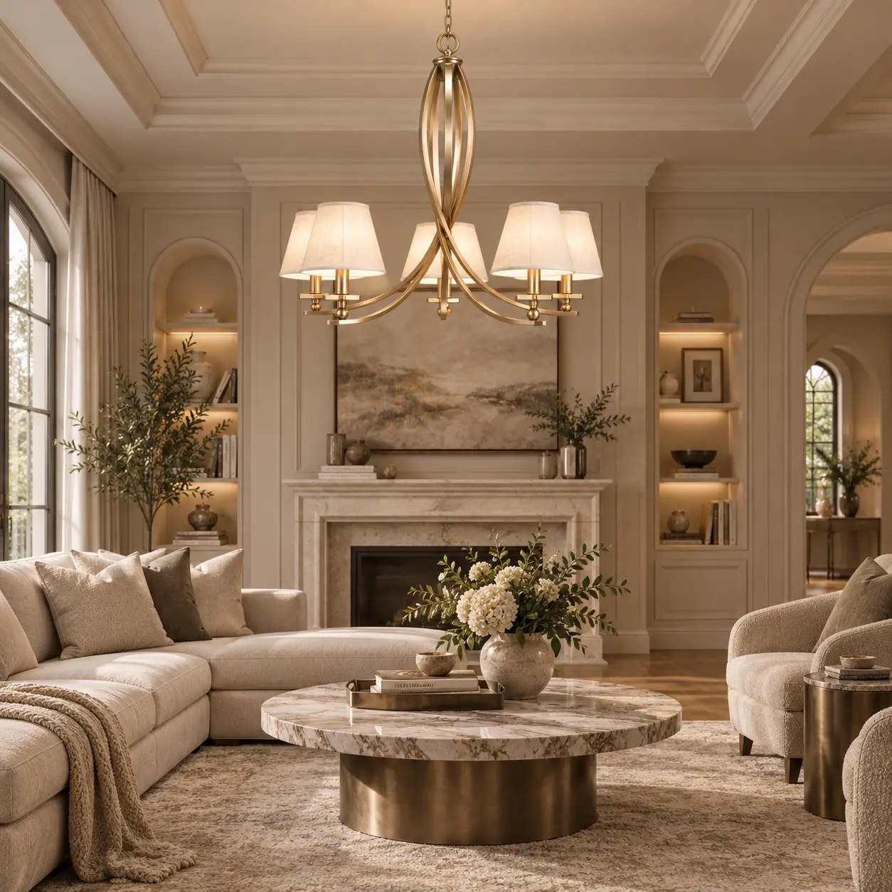 Champagne-Gold-Curved-Arm-Handcrafted-5-Light-Pendant-with-Fabric-Shades-Modern-Transitional-Living-Spaces-1 Champagne-Gold-Curved-Arm-Handcrafted-5-Light-Pendant-with-Fabric-Shades-Modern-Transitional-Living-Spaces-1