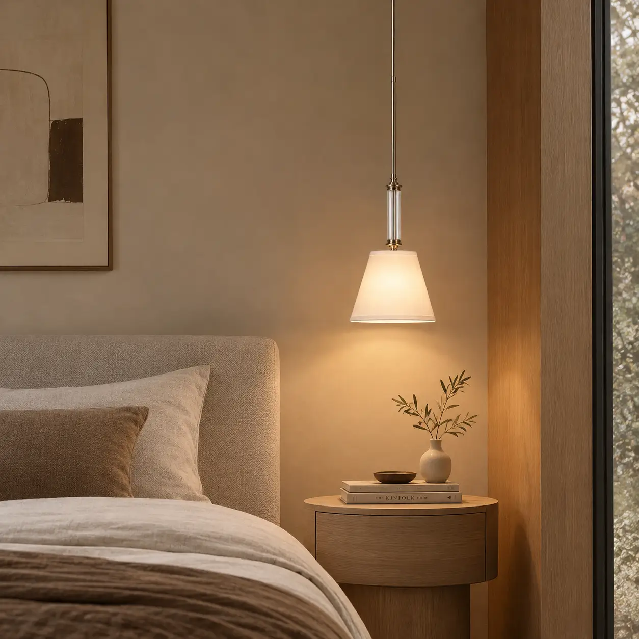 3D Architectural Render of Clarity Single Pendant in Japandi Bedside Setting
