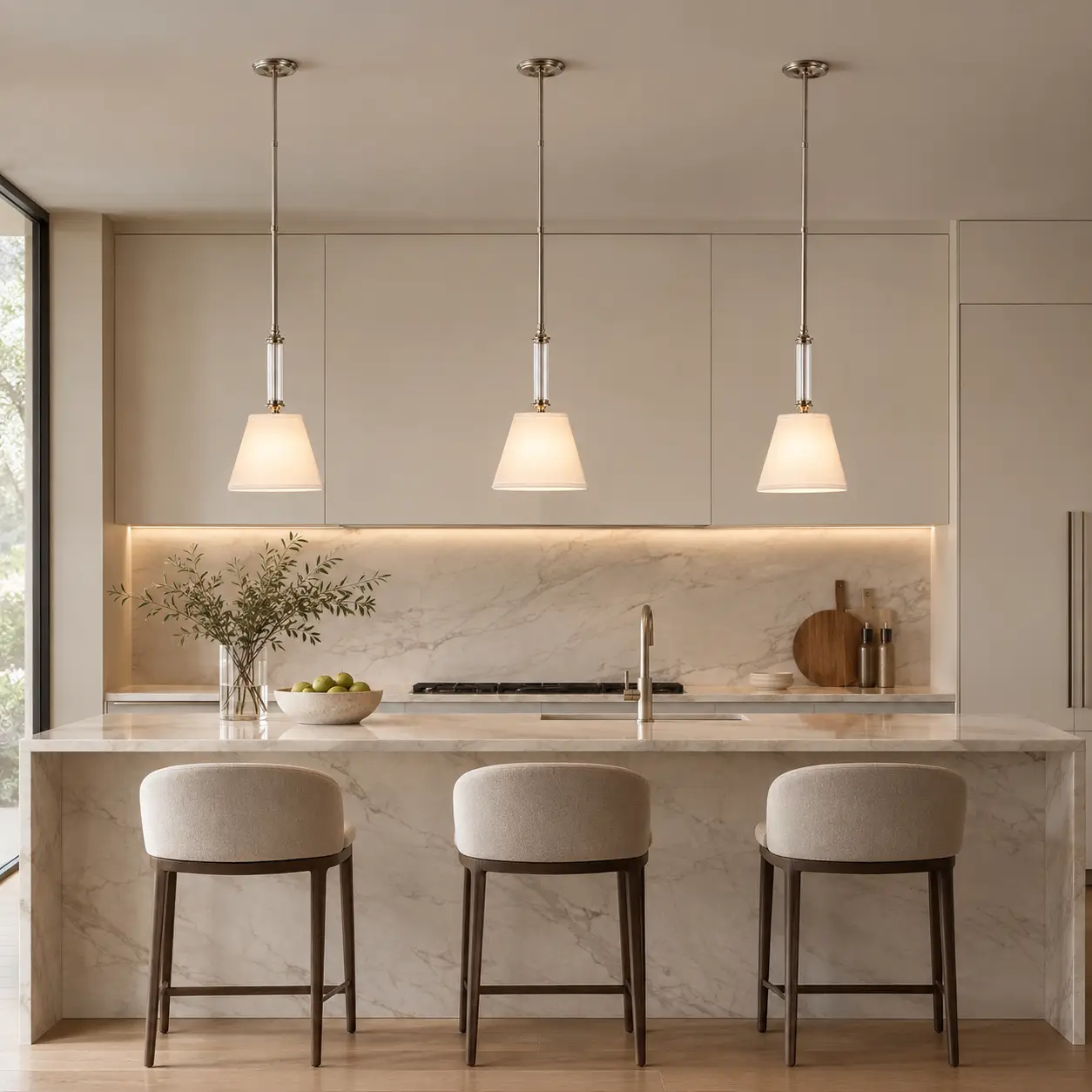 3D Architectural Render of Clarity Single Pendants Suspended over Modern Kitchen Island