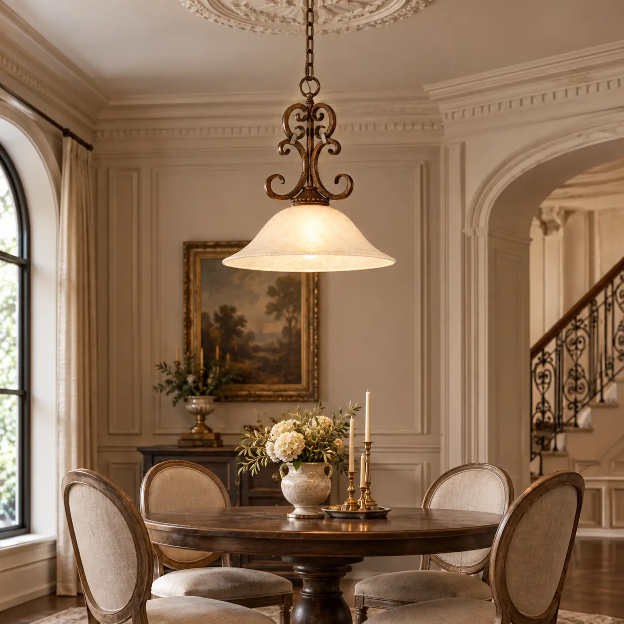 Classic Scroll Iron Pendant in Neoclassical Setting