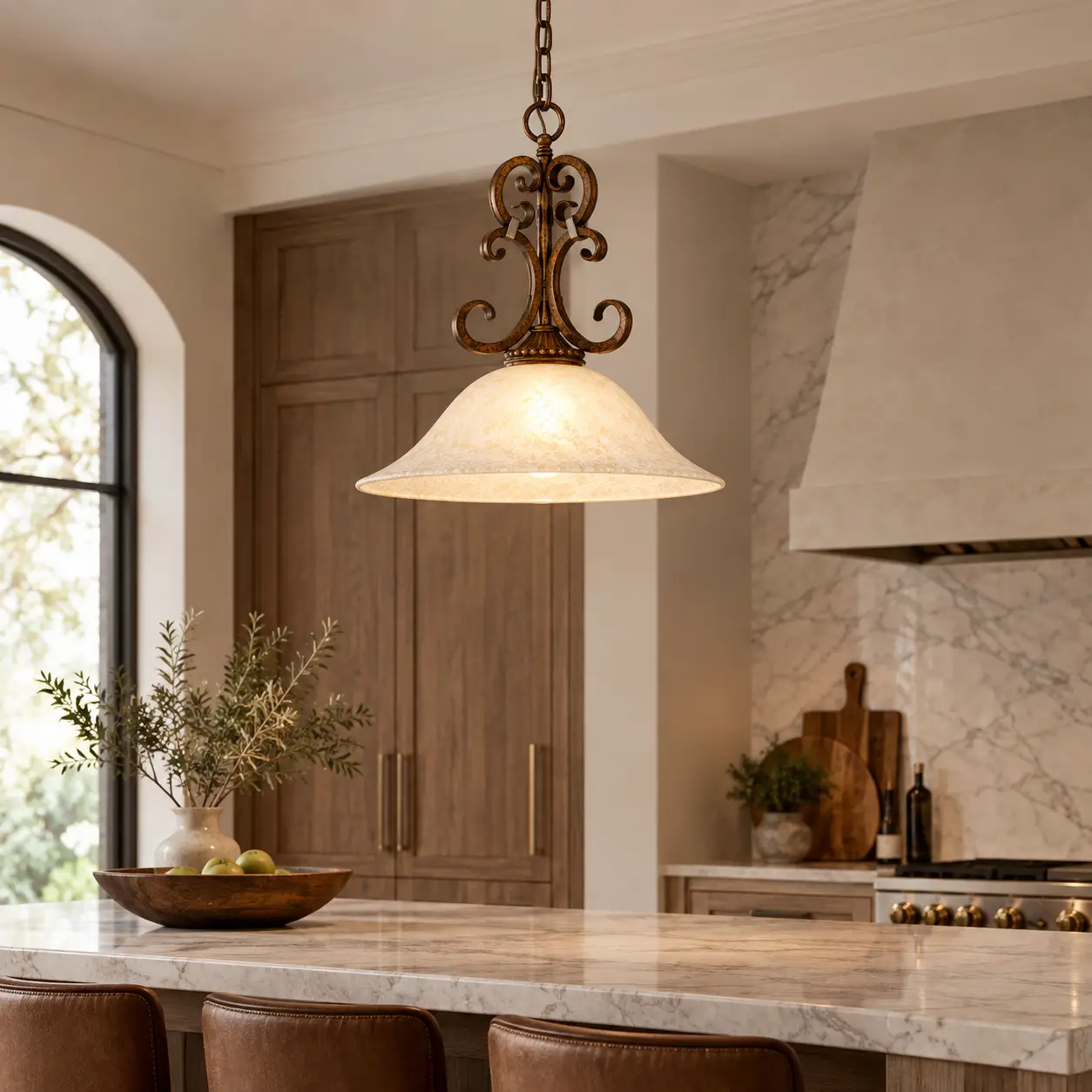 Classic Scroll Iron Pendant in Modern Luxury Interior