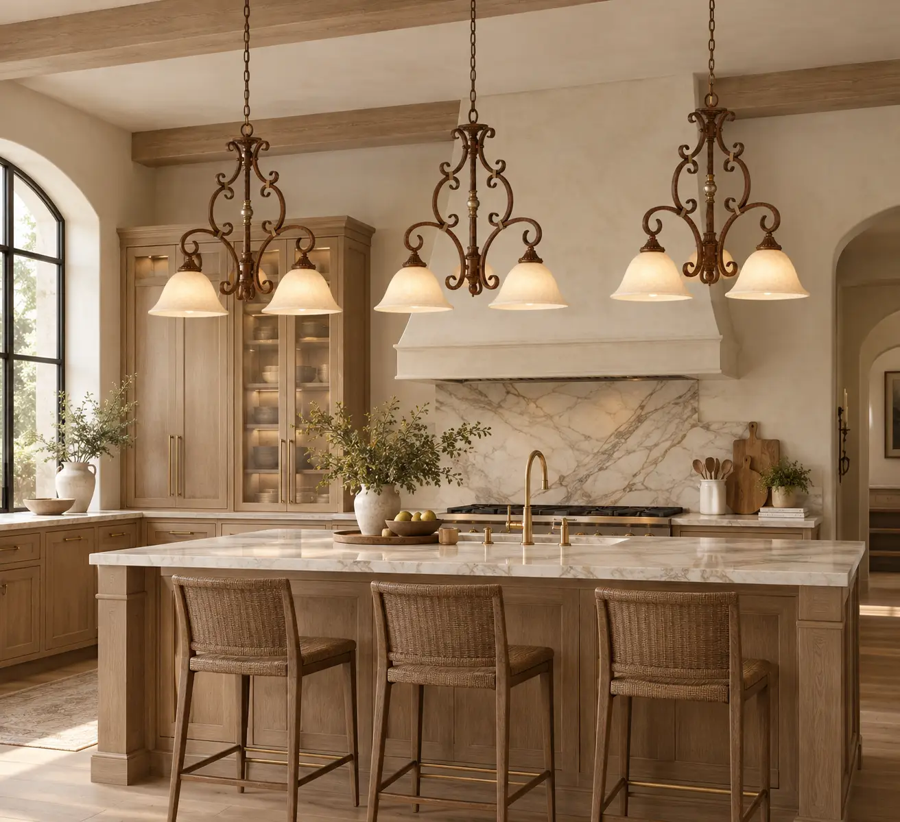 Classic Scroll Iron Pendant Light in Modern Farmhouse Kitchen Island Setup
