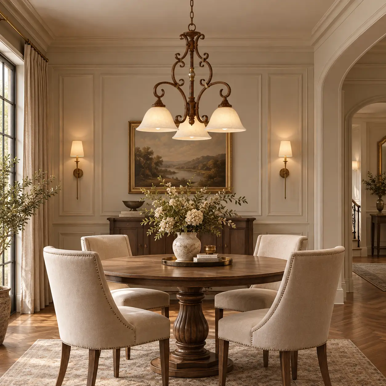 Classic Scroll Iron Pendant Light in Neoclassical Dining Area