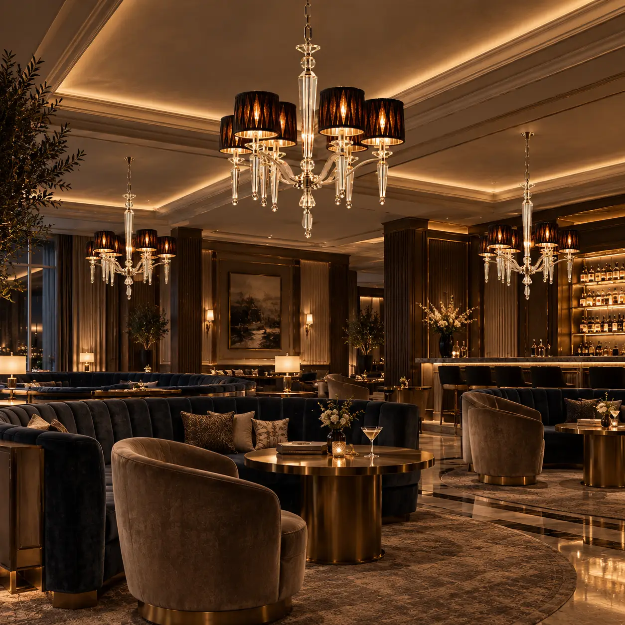 Cosmopolitan Grandeur Pendant in Boutique Hotel Executive Lounge 3D Rendering