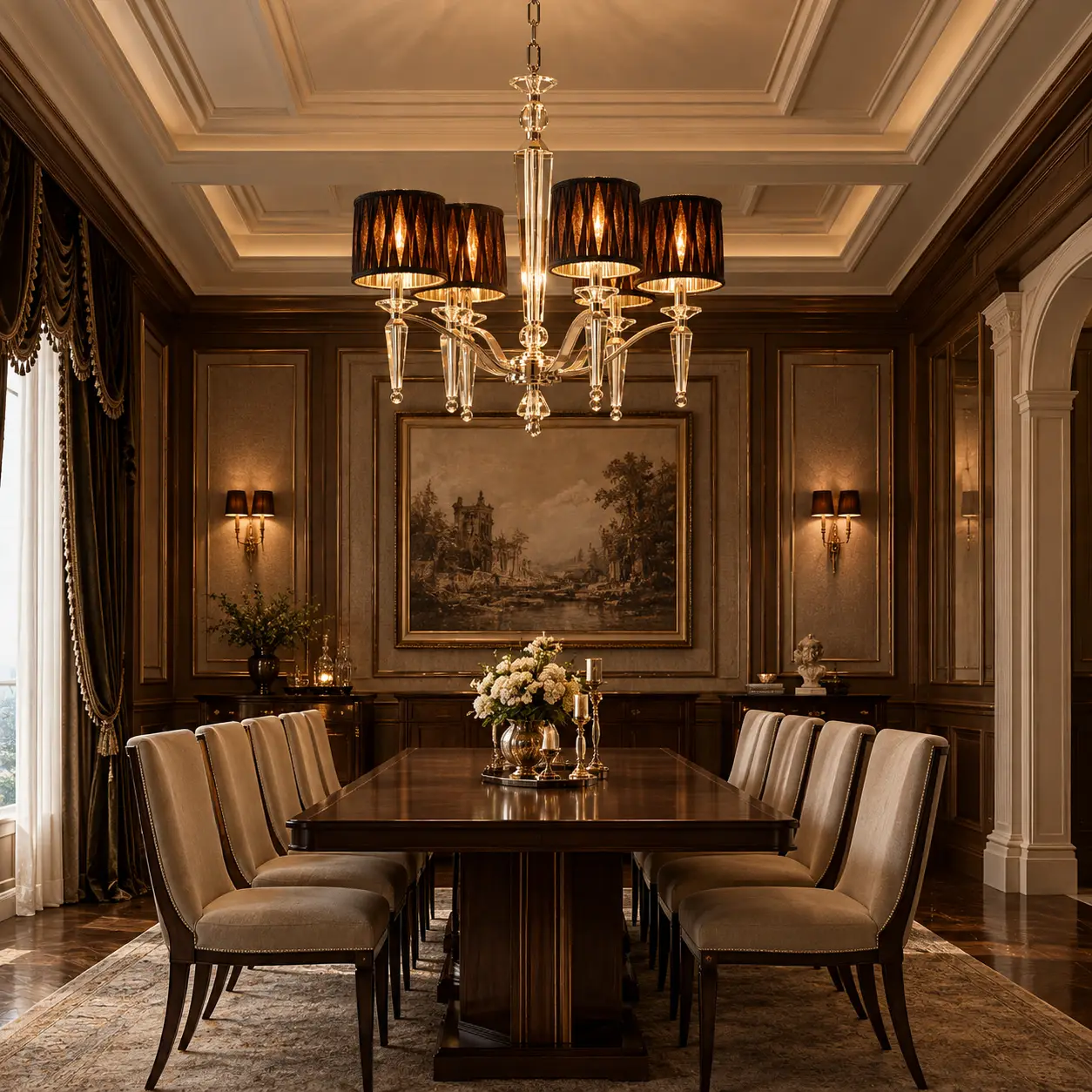 Cosmopolitan Grandeur 6-Light Pendant over Neoclassical Dining Table 3D Rendering