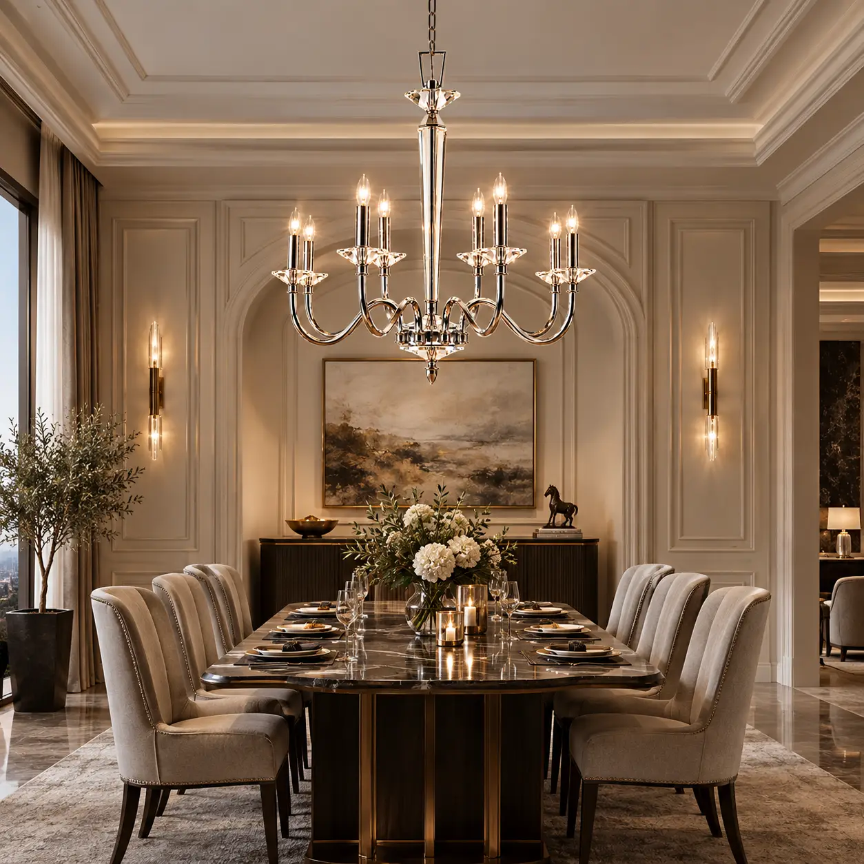 Crystal Radiance Modern Classic 8-Light Chandelier in Neoclassical Dining Room