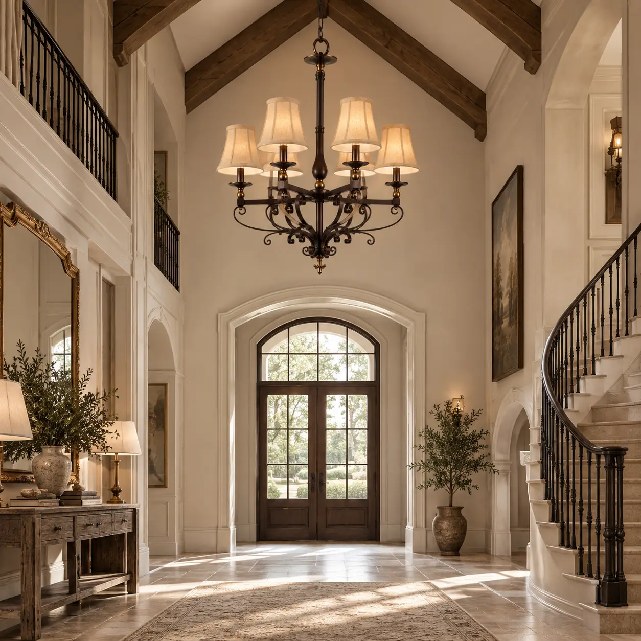 Estate Manor Wrought Iron Chandelier in High Vaulted Foyer