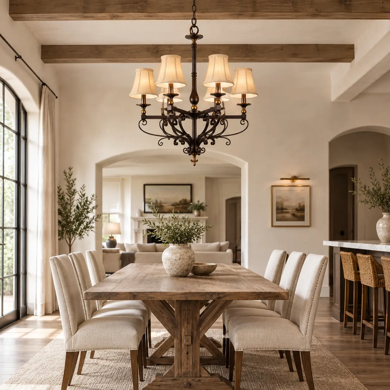 Estate Manor 6-Light Wrought Iron Chandelier over Rustic Dining Table