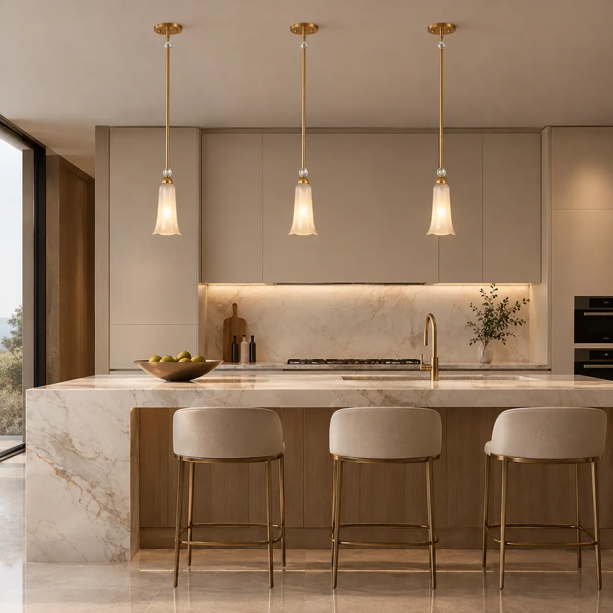 Gilded Bell Artisan 1-Light Mini Pendant Triplet Array over Marble Kitchen Island