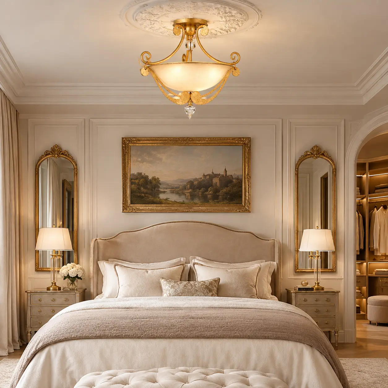 Gilded Scroll 3-Light Semi-Flush Mount Pendant in French Chic Bedroom