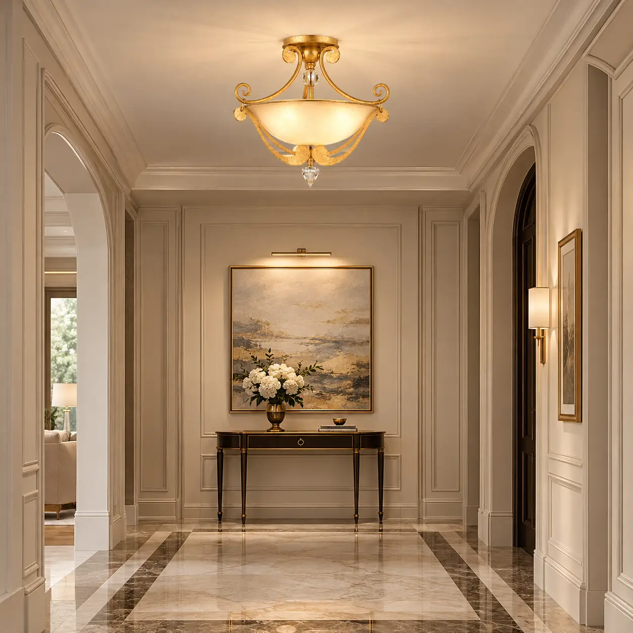 Gilded Scroll 3-Light Semi-Flush Mount Pendant in Luxury Entryway