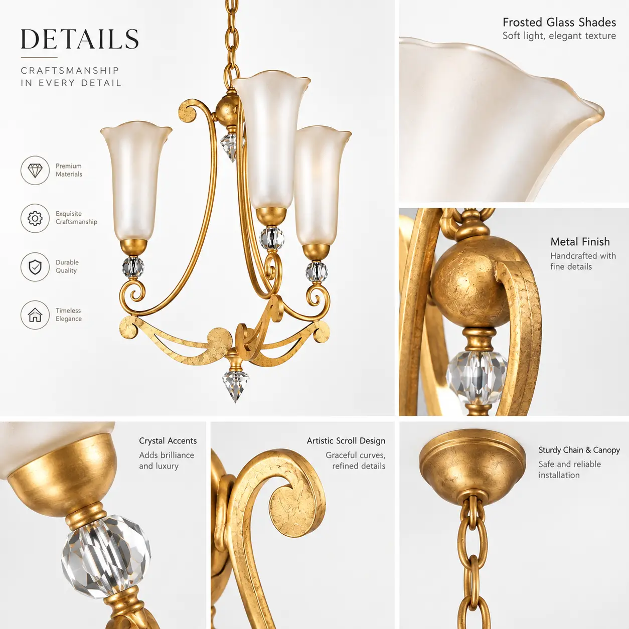 Golden-Aurora-Handcrafted-3-Light-Metal-Chandelier-with-Frosted-Glass-Shades-2 Golden-Aurora-Handcrafted-3-Light-Metal-Chandelier-with-Frosted-Glass-Shades-2