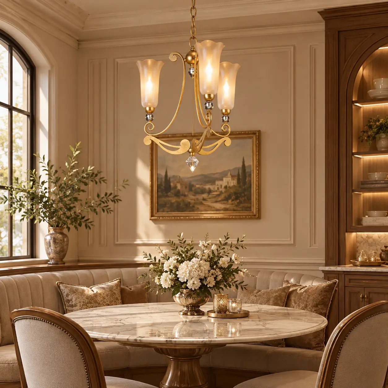Golden Aurora 3-Light Chandelier in French Transitional Dining Nook