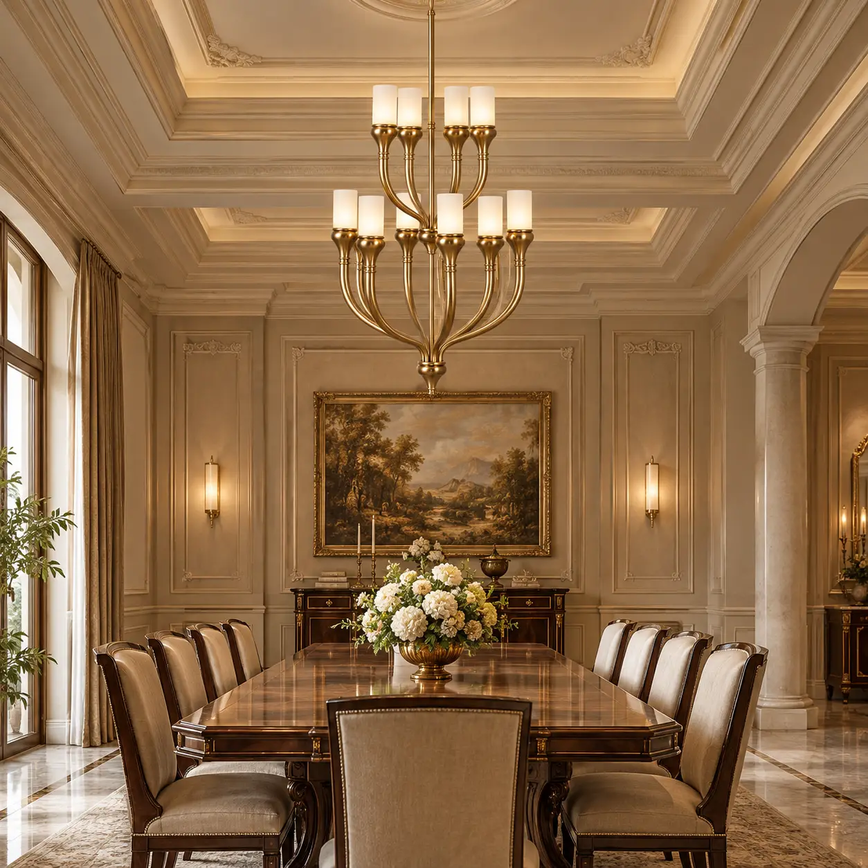 The Grand Lumiere Chandelier in Neoclassical Dining Room