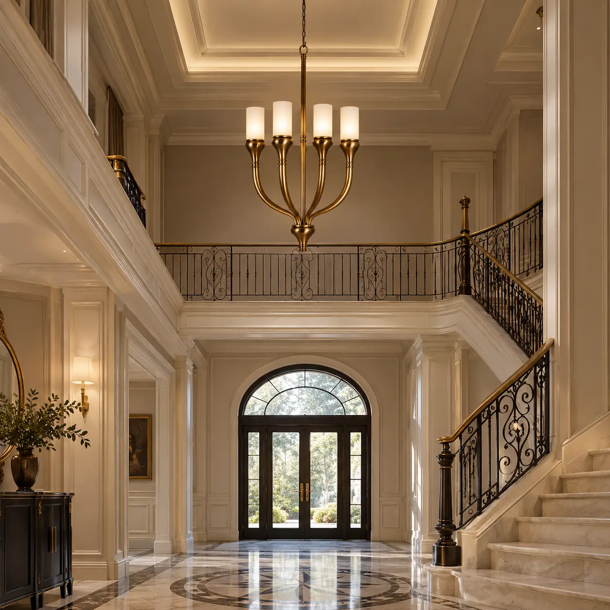 Heirloom Grandeur Pedestal Chandelier in Neoclassical Foyer