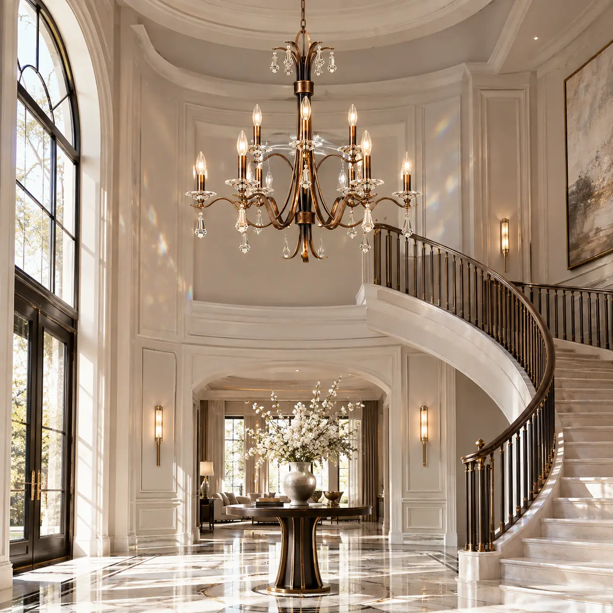 The Heirloom Grandeur 9-Light Crystal Chandelier in High-Ceiling Grand Foyer