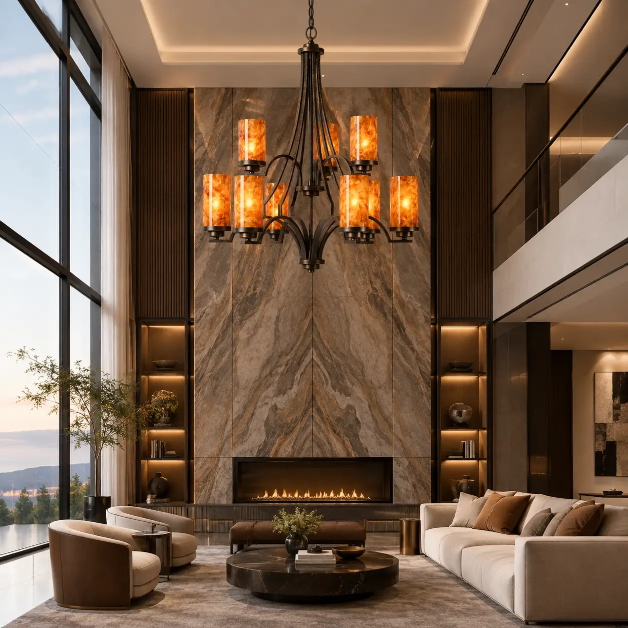 3D Architectural Render of Ignis Grand Tiered Chandelier in Modern Luxury High-Ceiling Villa Lounge