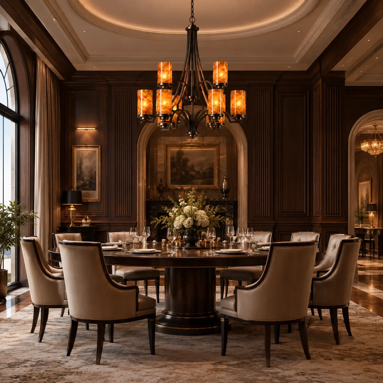 3D Architectural Render of Ignis 9 Light Chandelier in Neoclassical Grand Dining Room