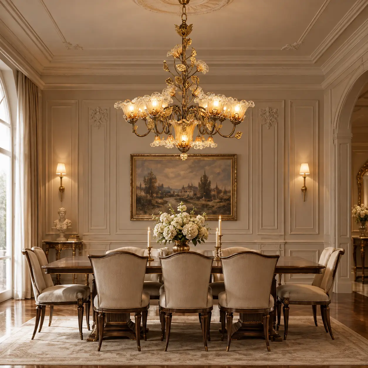 3D Rendering - Antique Gold 7-Light Chandelier in French Dining Room