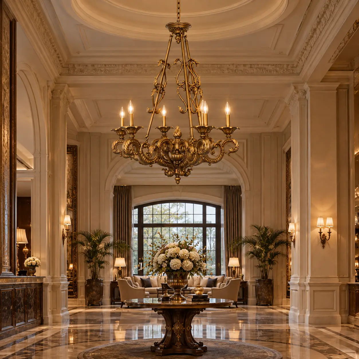 3D Rendering - Gold Chandelier in Hotel Entryway Foyer