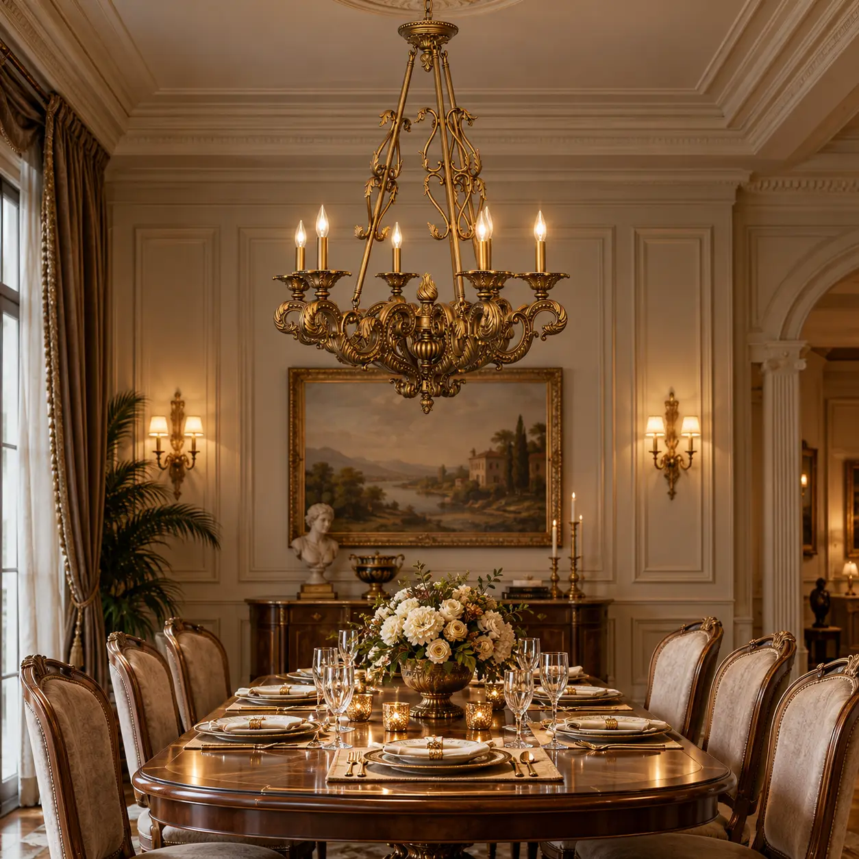 3D Rendering - Antique Gold 6-Light Chandelier in French Dining Room