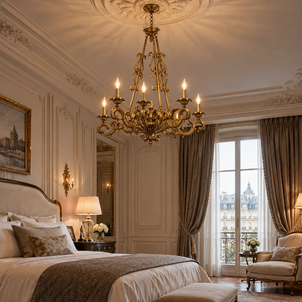 3D Rendering - Gold Ornate Chandelier in Parisian Master Bedroom