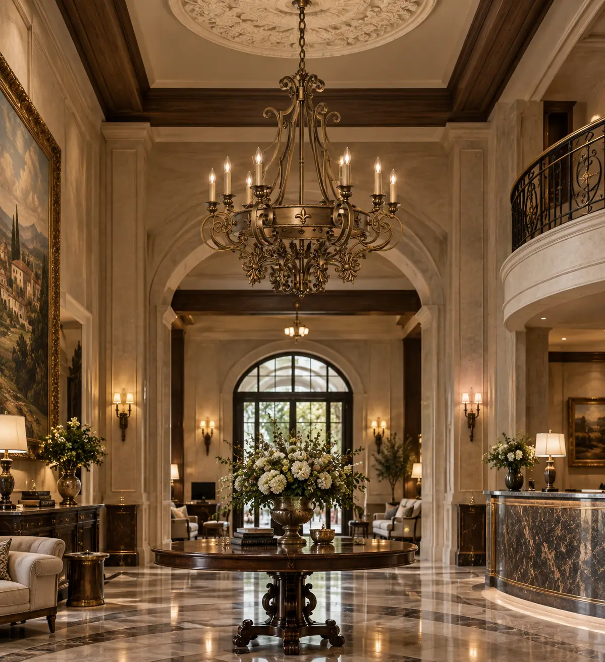 3D Rendering - Antique Brass Chandelier in Hotel Entryway Foyer