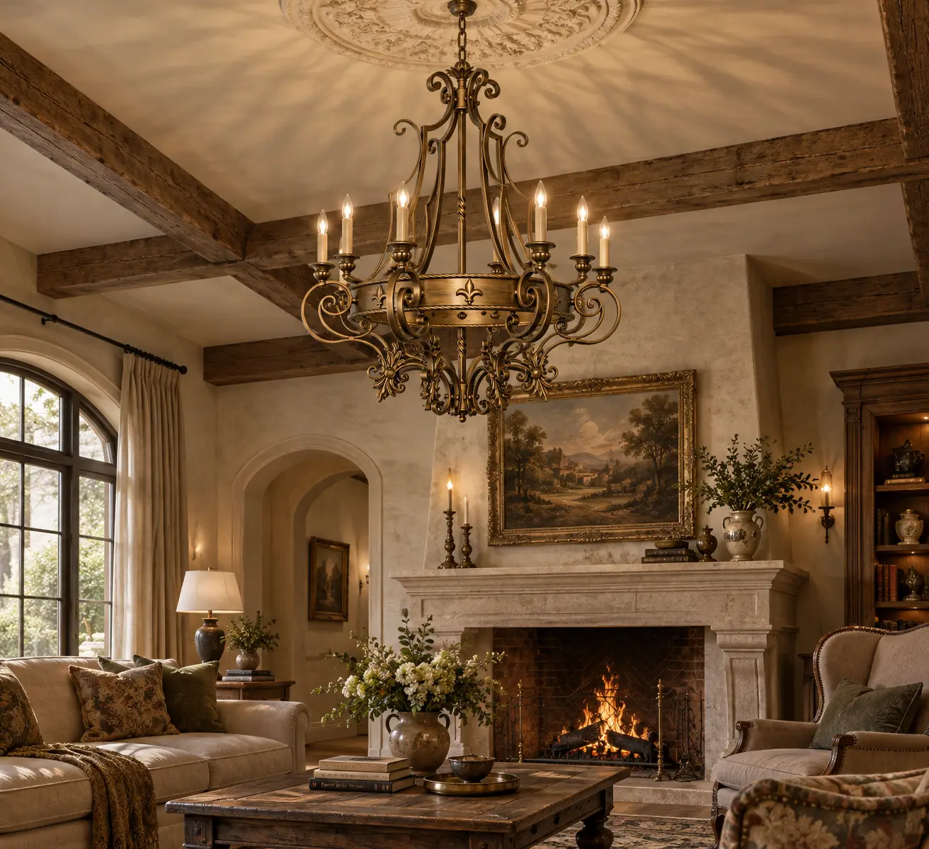 3D Rendering - Antique Brass Scroll Chandelier in French Country Great Room
