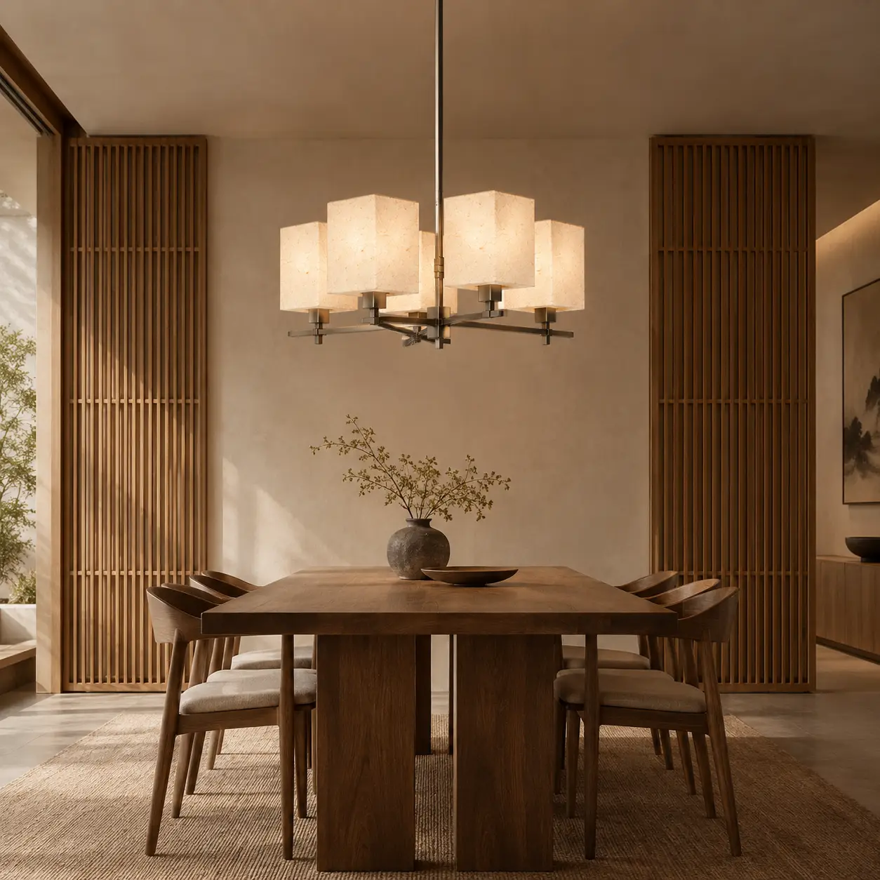 Kyoto-Lattice-4-Light-Geometric-Chandelier-with-Fiber-Embedded-Parchment-Shades-JAPANDI-MODERN-ASIAN-ZEN-DINING-ROOM Kyoto-Lattice-4-Light-Geometric-Chandelier-with-Fiber-Embedded-Parchment-Shades-JAPANDI-MODERN-ASIAN-ZEN-DINING-ROOM