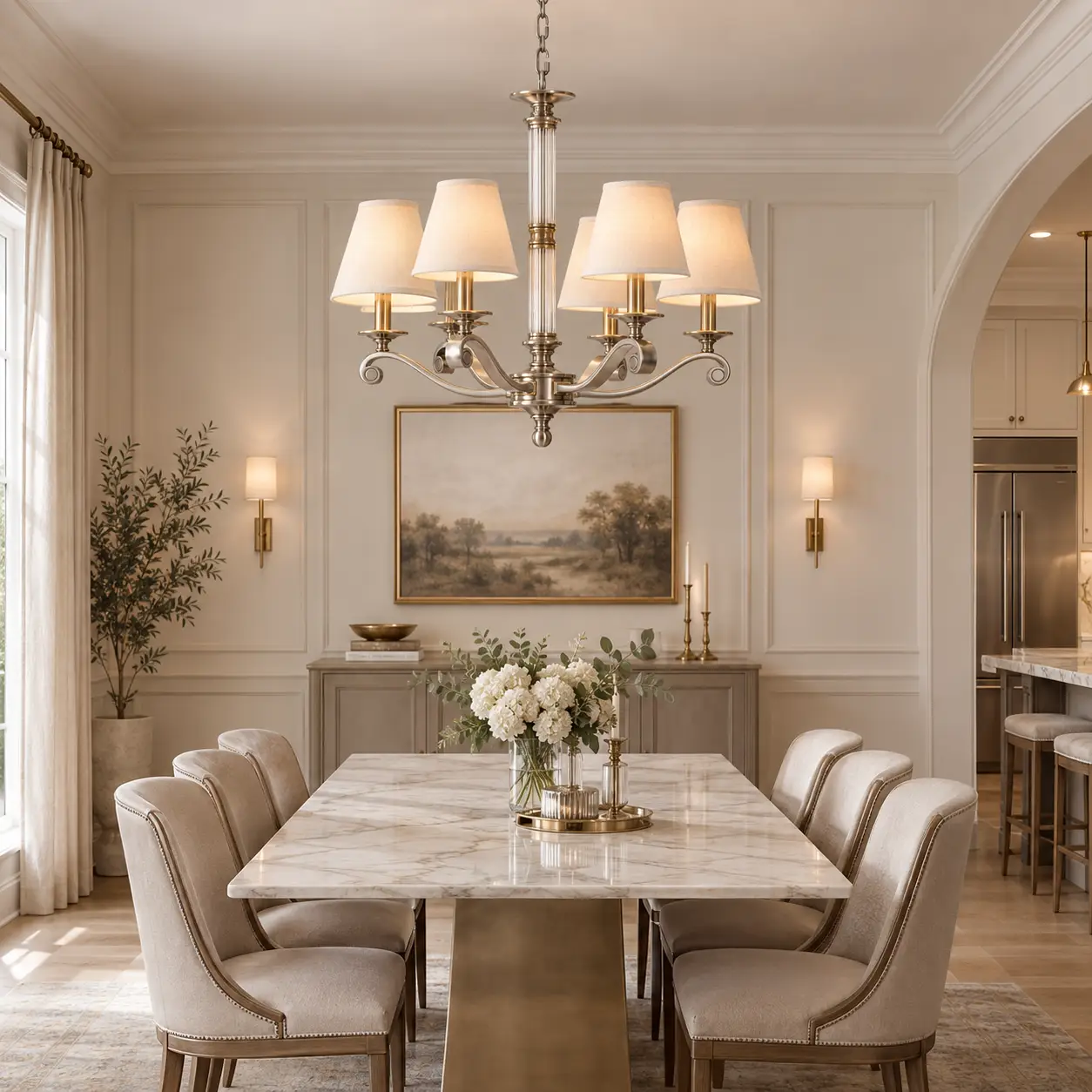 3D Render Concept A: Langford 6-Light Chandelier in Modern Transitional Dining Setting