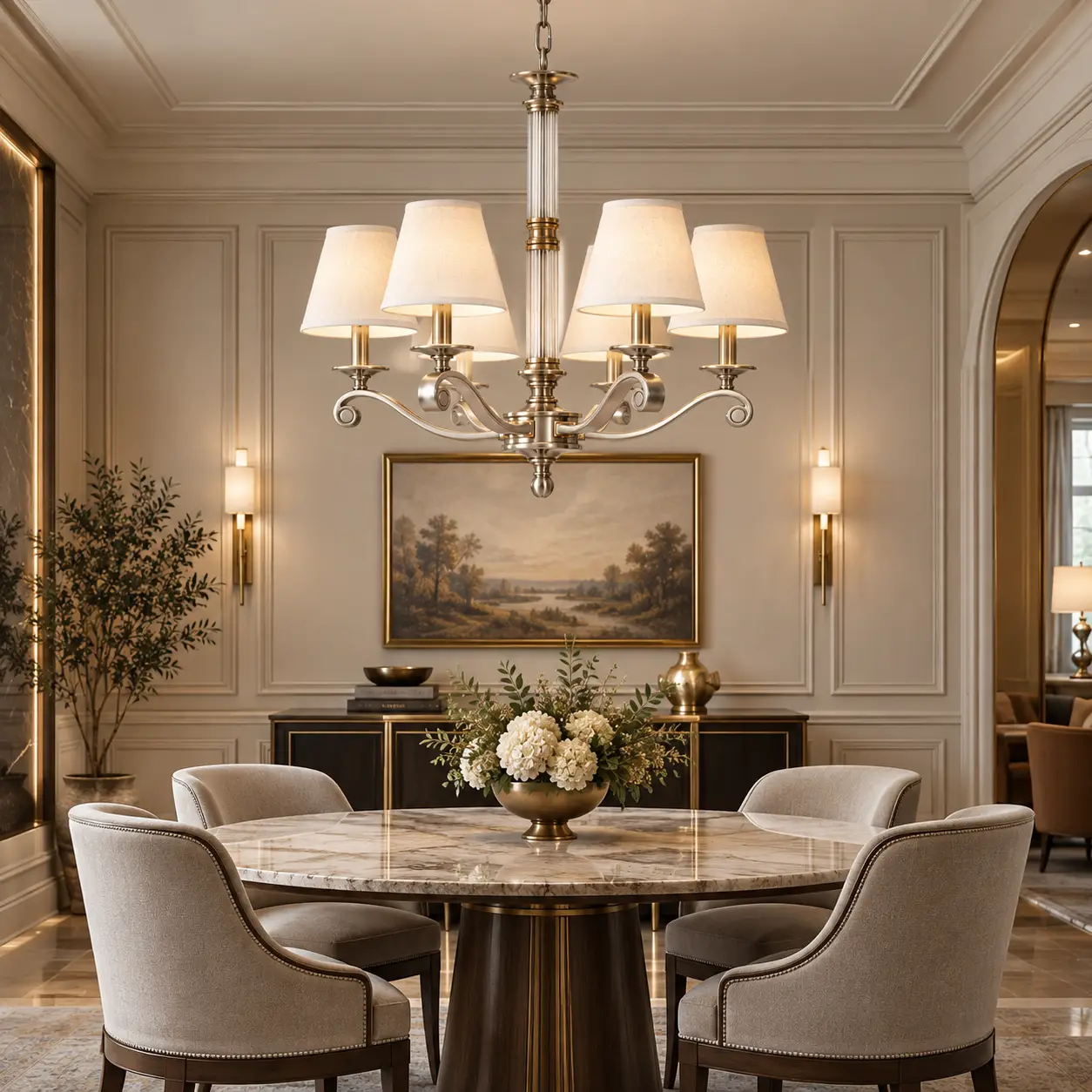 3D Render Concept B: Langford Chandelier in Neoclassical Hospitality Lounge